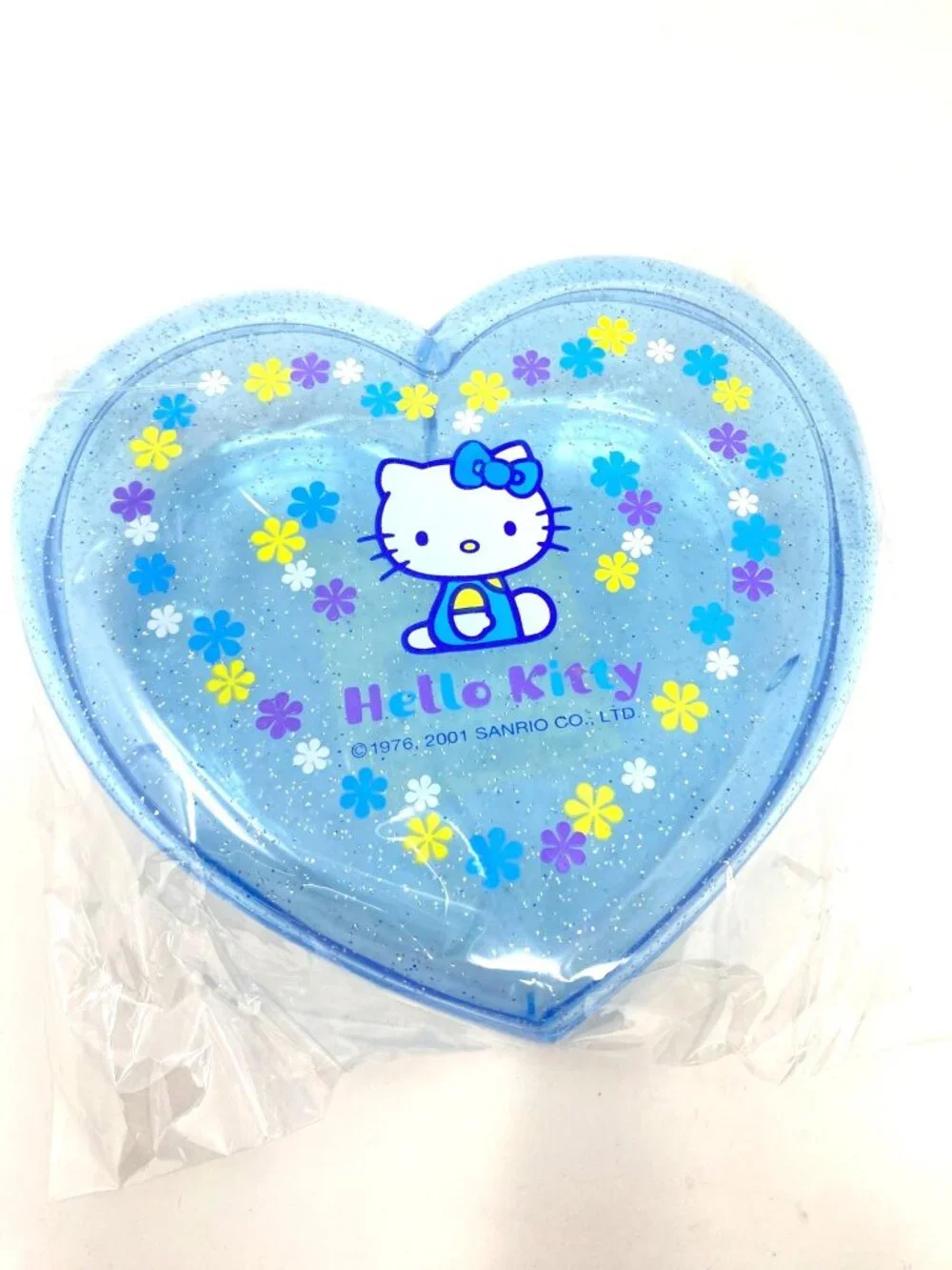 Sanrio Hello Kitty Heart Shaped Gift Box Clear Blue Sparkles Container
